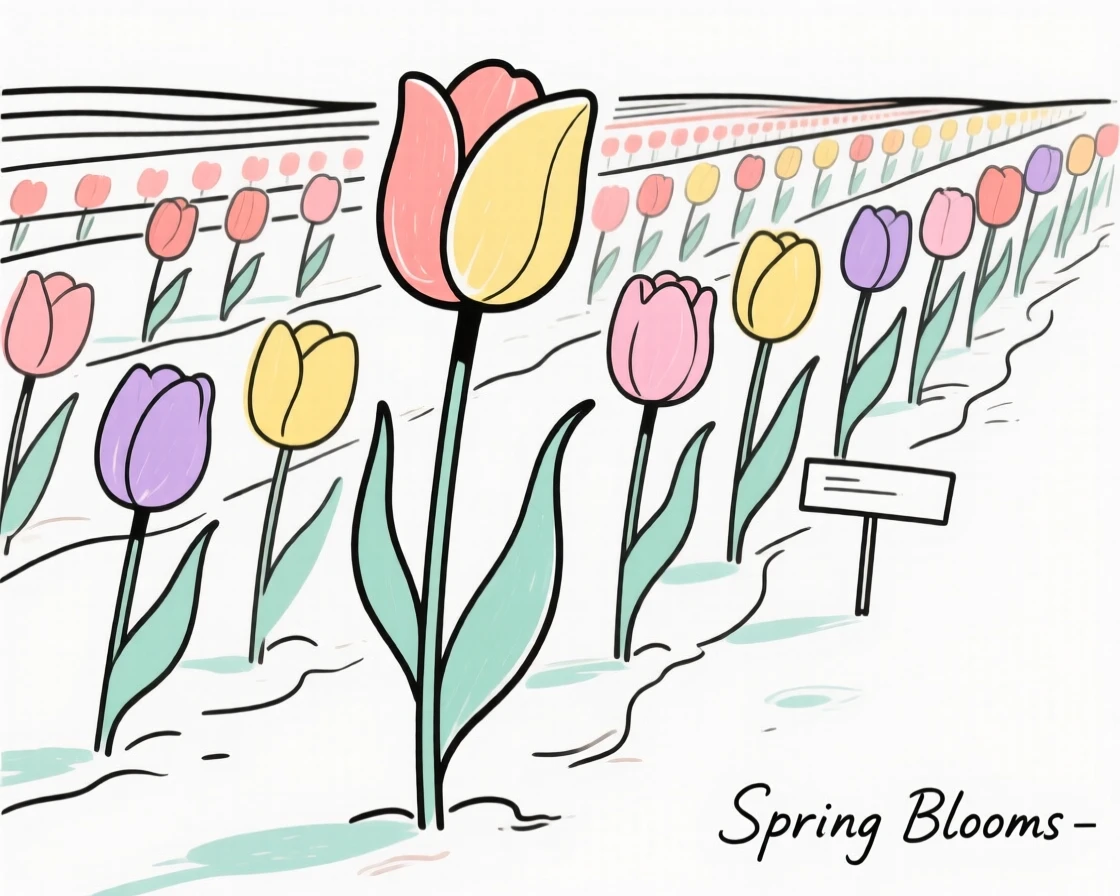 A tulip field in rows of color