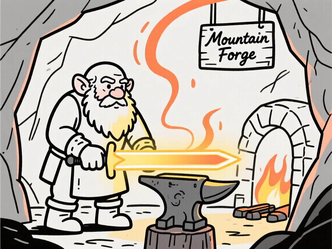 A dwarf blacksmith forging a glowing sword inside a mountain forge.