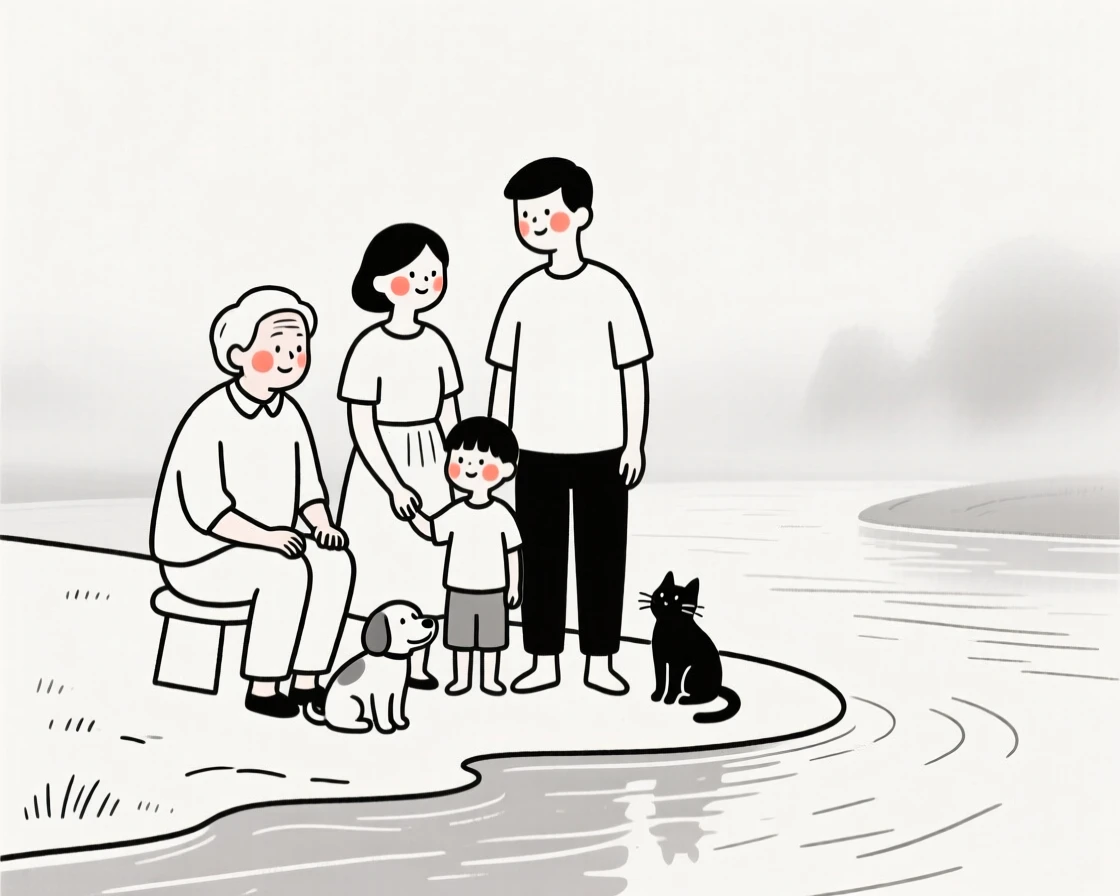 Four generations of one family, exuding gentle warmth, on a misty riverbank.