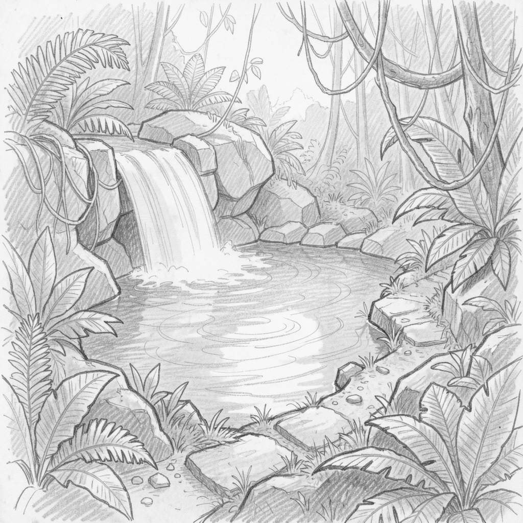 A hidden jungle waterfall pool, glowing under the last light of sunset, with a narrow path leading into the distance.