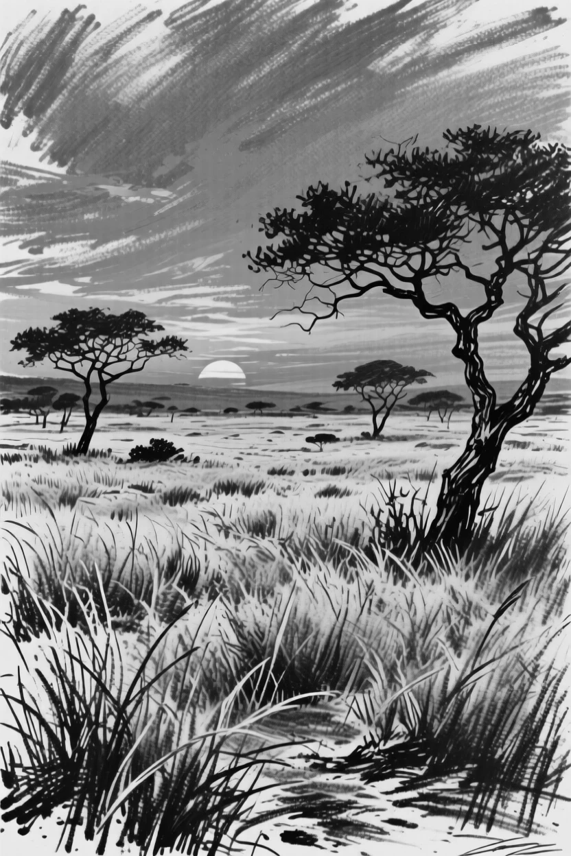 A sprawling savanna at sunset under a sky ablaze with sunset colors.