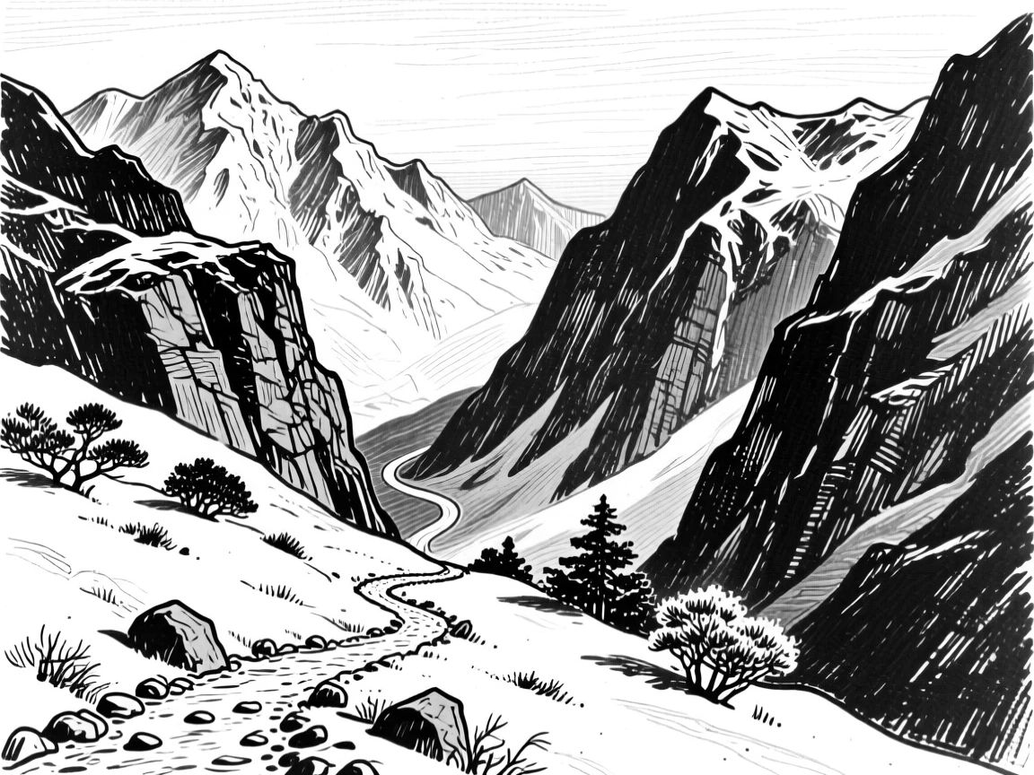 A dramatic mountain pass winding through snow-capped peaks.