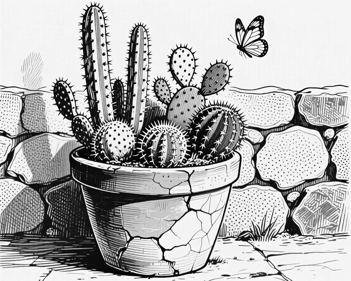 A cactus garden in a terracotta pot growing wild along a garden wall, with a butterfly hovering nearby, composed in a peacefully simple still-life arrangement.