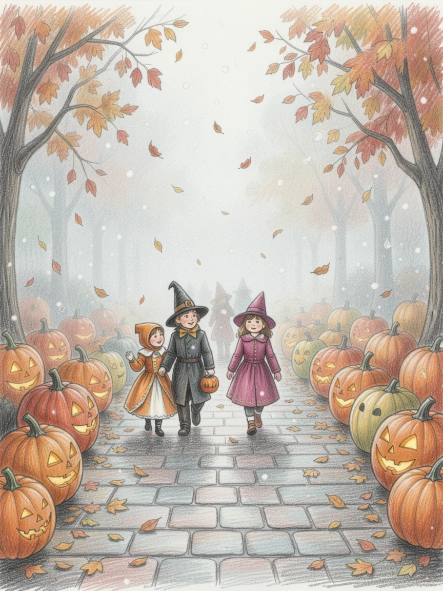 Trick-or-treaters walking through a foggy autumn street lined with pumpkins, with gentle snowfall or falling leaves drifting through the scene, perfect for celebrating the beauty of the season.