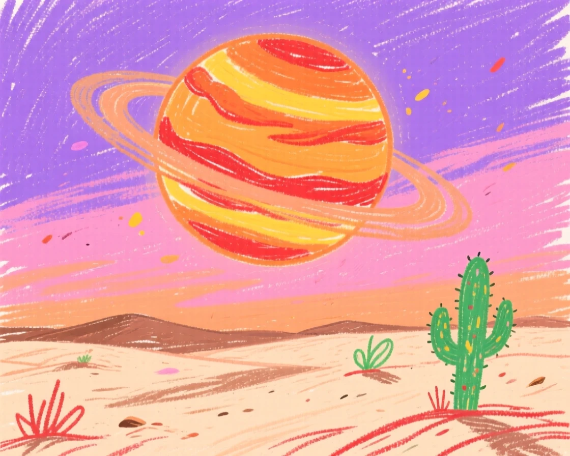 A ringed gas giant glowing above a quiet desert horizon.