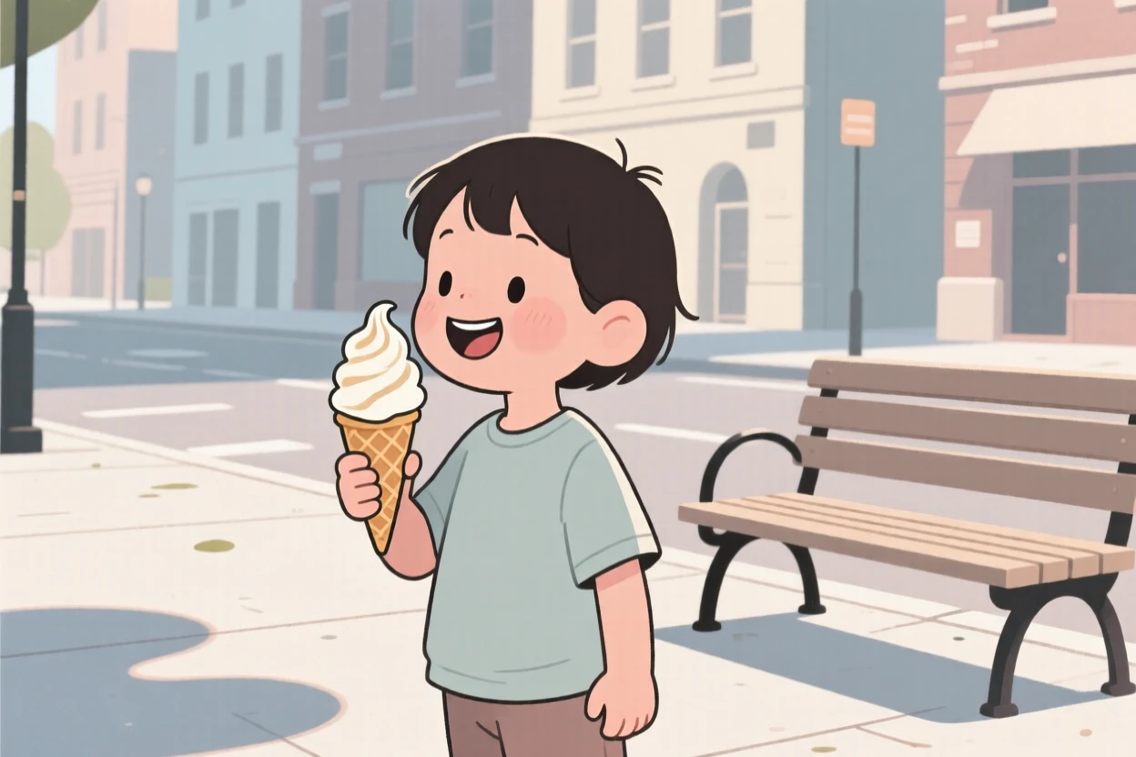 A small child enjoying an ice cream cone on a quiet weekend afternoon in the city.