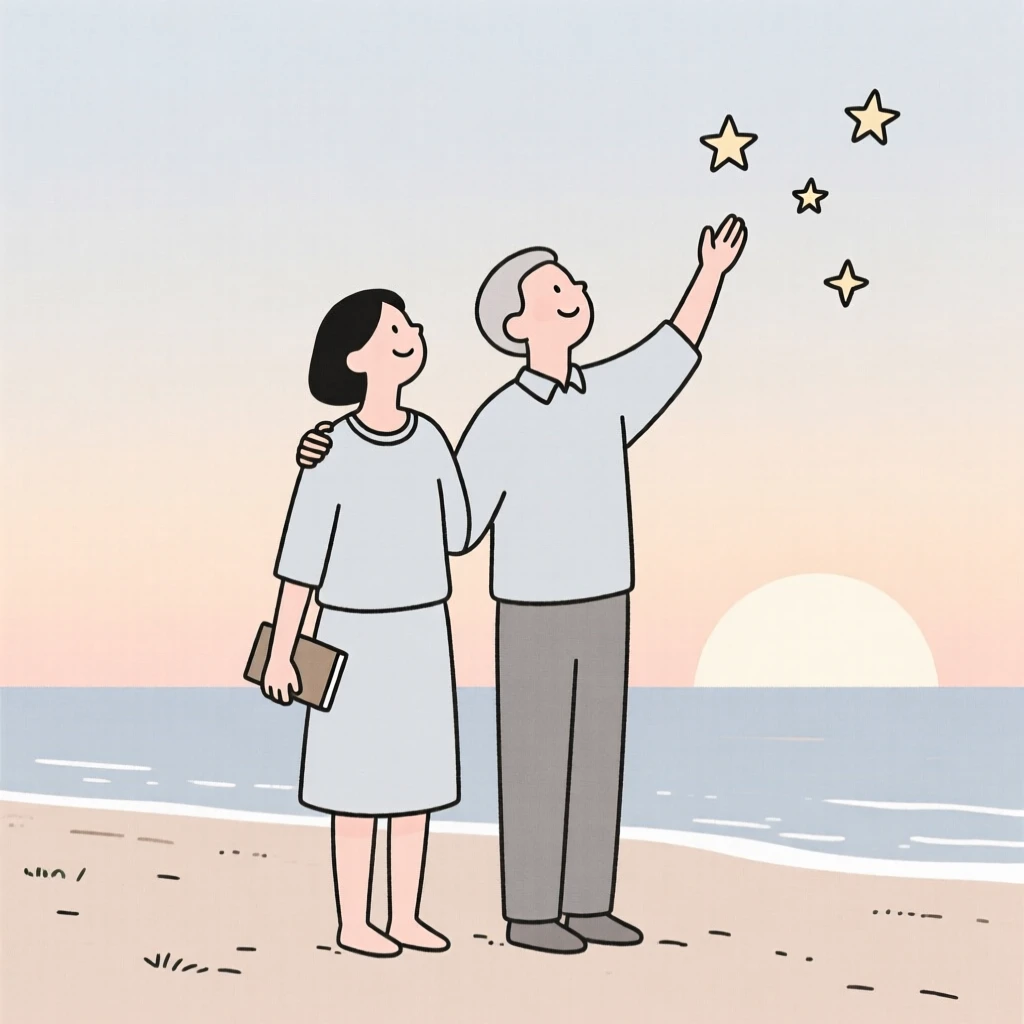 Two teacher gazing at the stars together in a beach at sunrise, sharing a moment of gentle happiness.