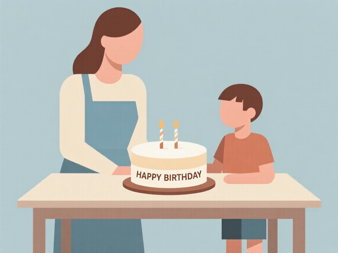 A mother and son baking a birthday cake