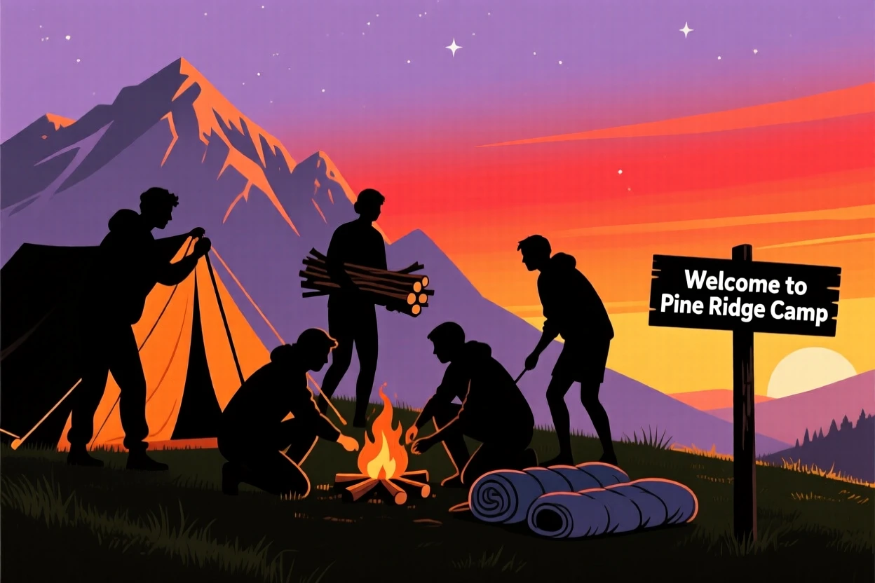 A group of friends setting up camp as the sun sets behind distant peaks.