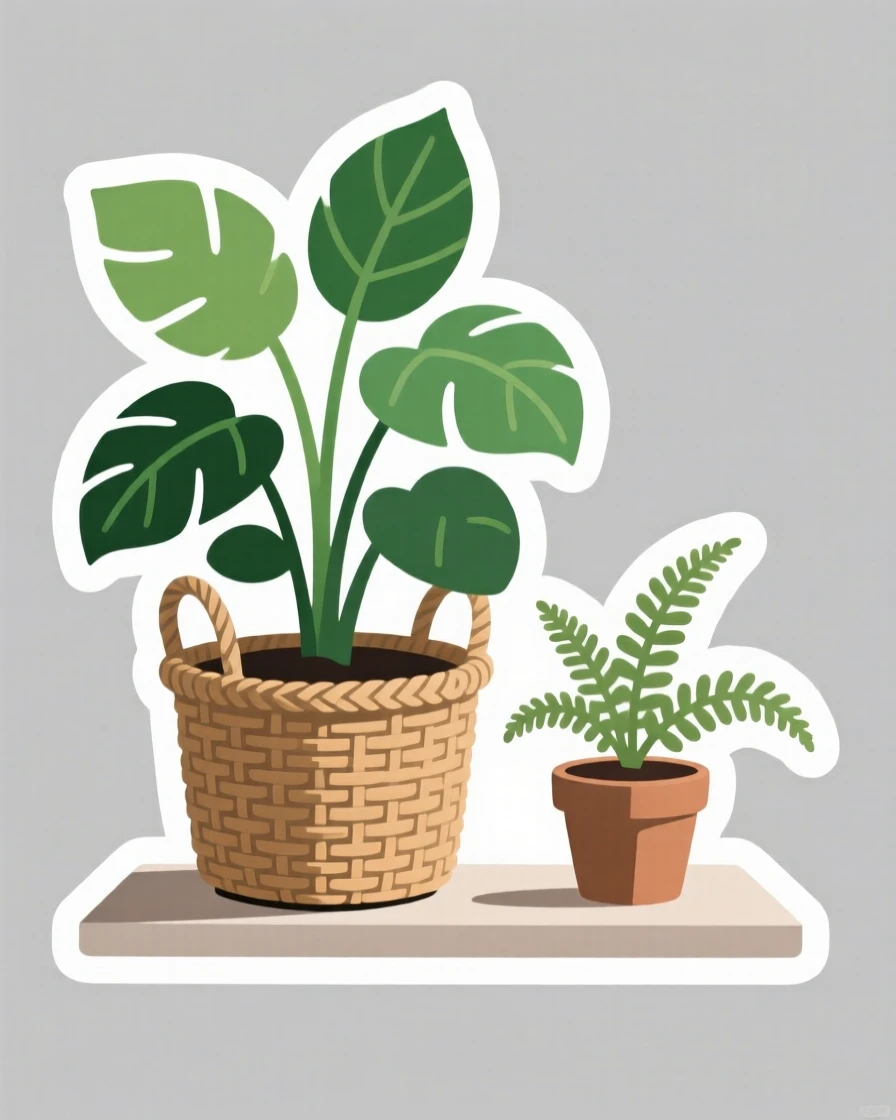 A sweetly detailed houseplant in a woven basket, displayed next to a small potted fern, in a small apartment filled with plants.