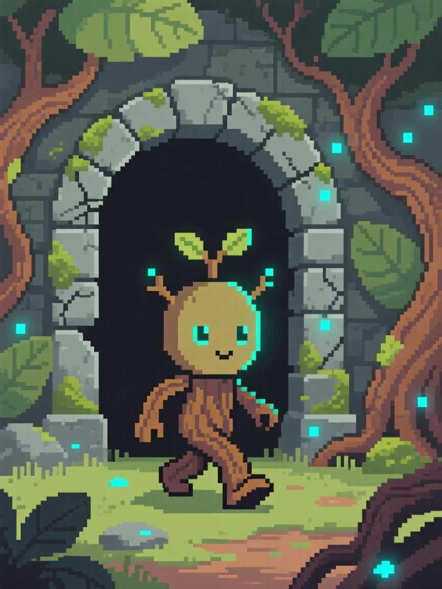A treant sapling taking its first steps guarding the entrance to an ancient ruin, in an ancient enchanted forest.