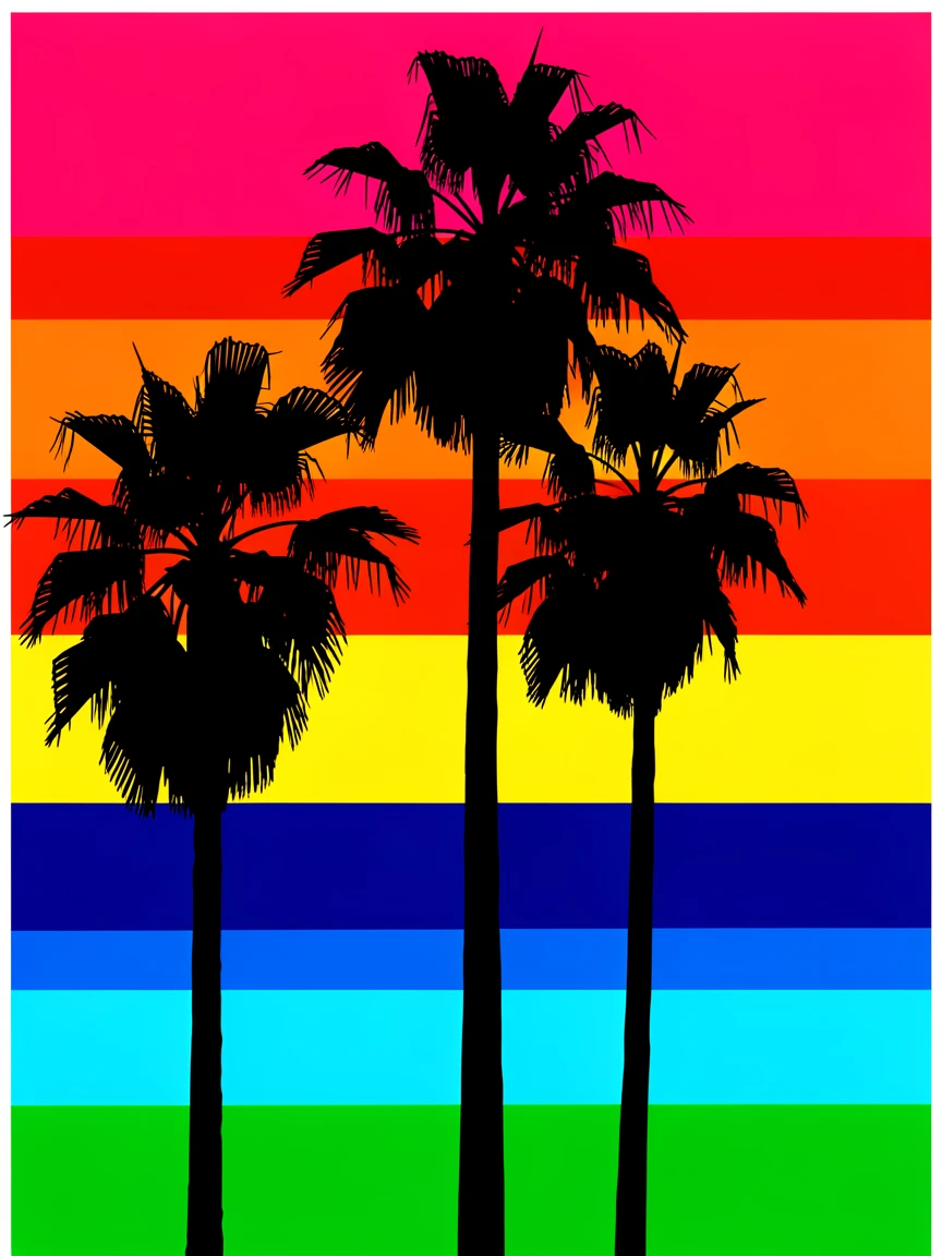 Palm trees silhouetted against a fiery sunset
