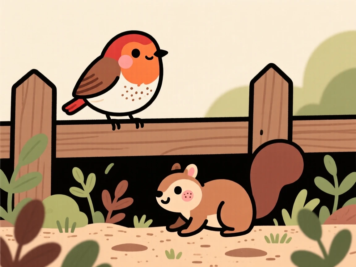 A robin perches on a garden fence, watching the garden below while a chipmunk moves quietly through the underbrush below.
