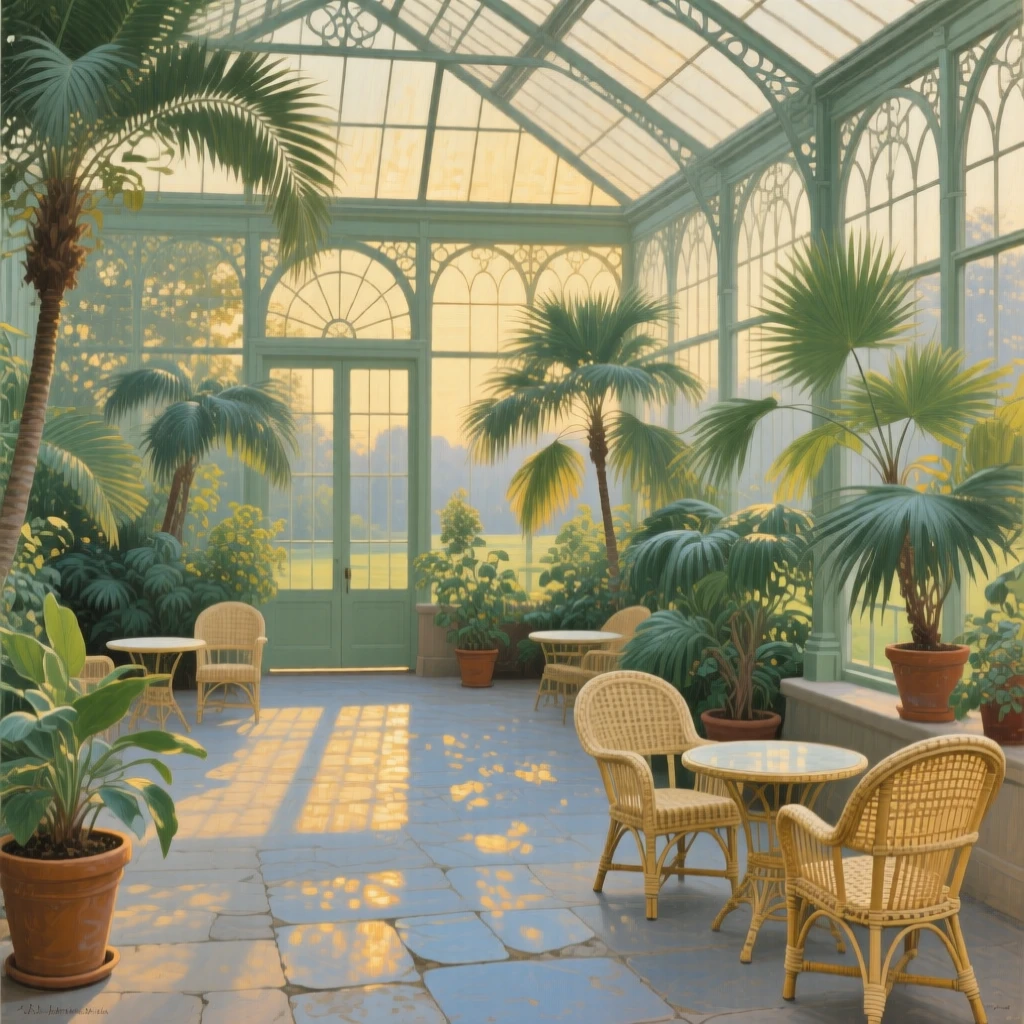 A broad landscape view of a sunlit conservatory filled with potted palms and wicker chairs, in the Edwardian era, in late afternoon.