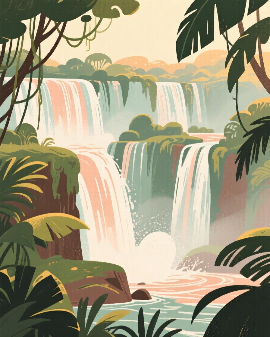 A view of Iguazu Falls thundering through lush jungle