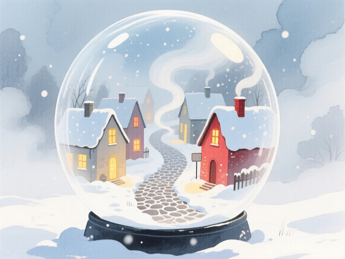 A dreamlike scene of a snow globe village, with soft mist curling through the air, inviting quiet wonder and imagination