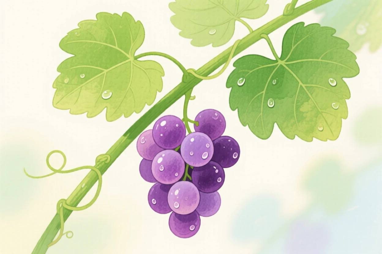 A vine heavy with plump purple grapes glistening with morning dew.