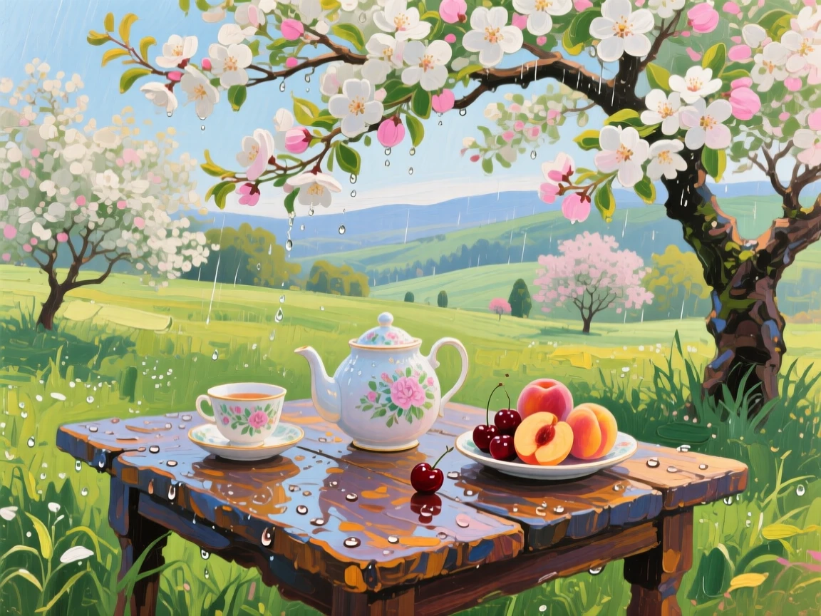 a tea table beneath blooming fruit trees, just after watering, with layered visual detail from foreground to horizon.