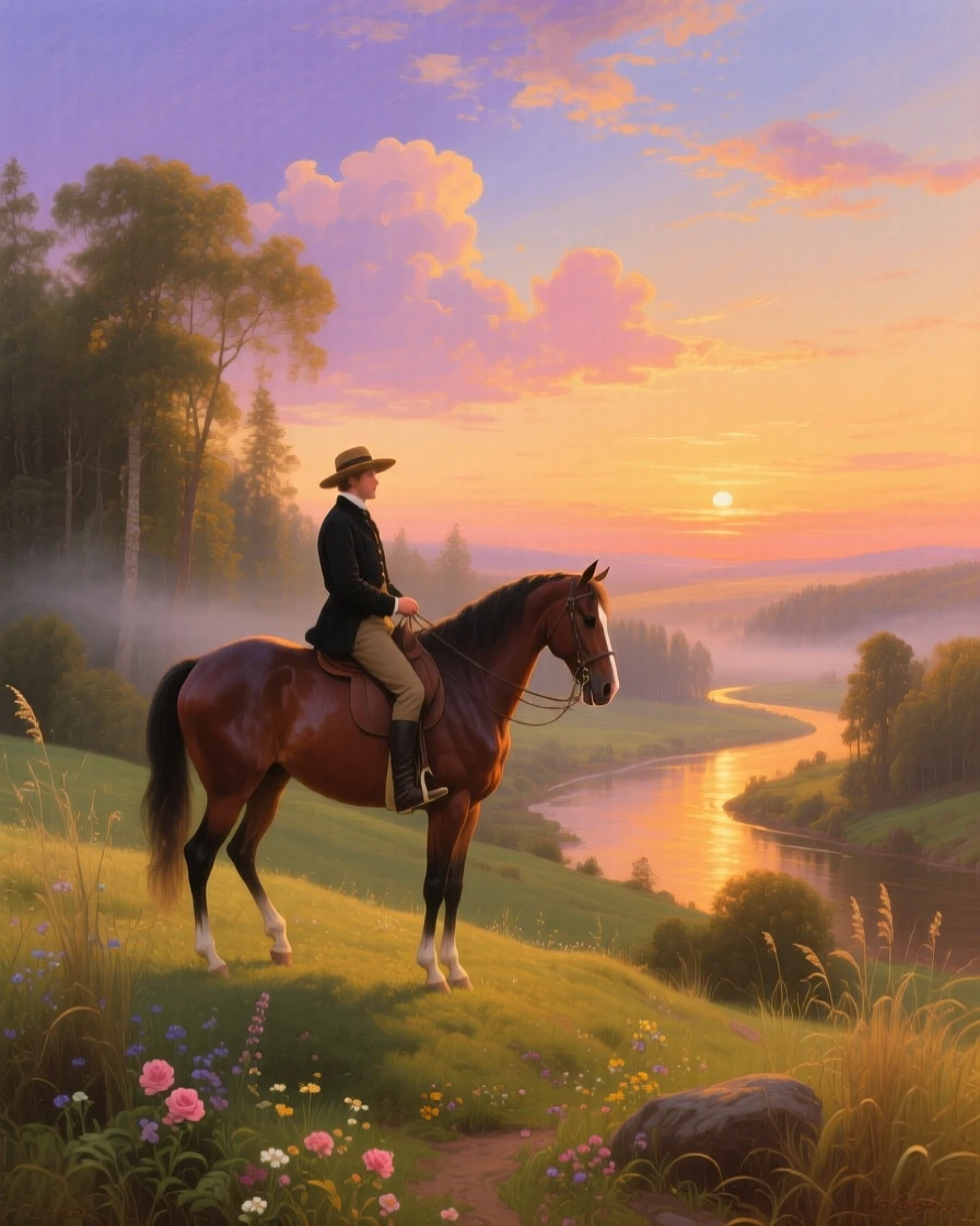 A rider on horseback is bathed in the light of the first golden light of sunrise over a peaceful countryside.