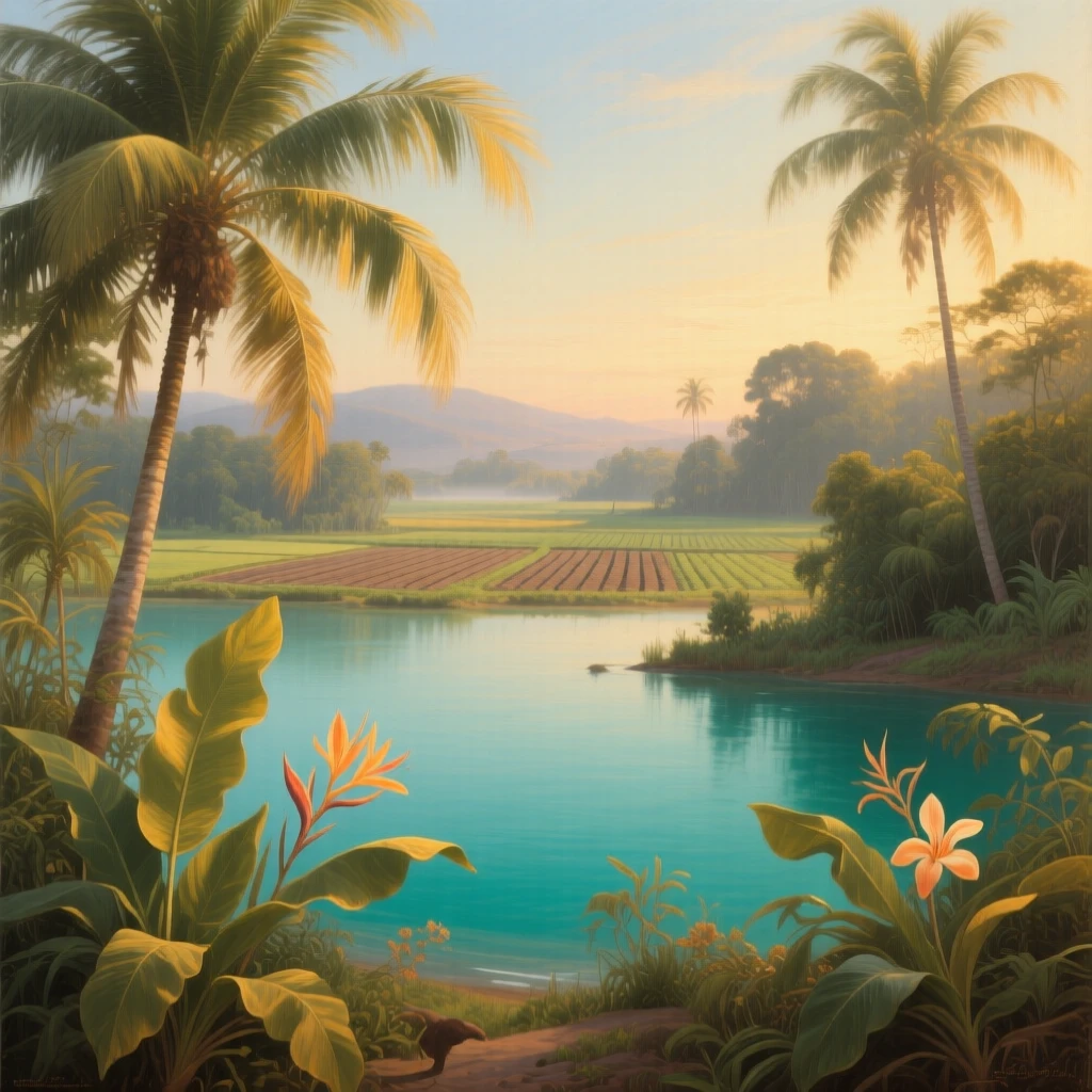 A tropical lagoon fringed with palm trees and turquoise water holding the hush of early morning before the world awakens, set at the edge where cultivated land meets wild nature, with golden light catching the edges of every leaf and petal; layered depth separates near, middle, and far distance beautifully, capturing a fleeting, golden moment worth preserving forever.