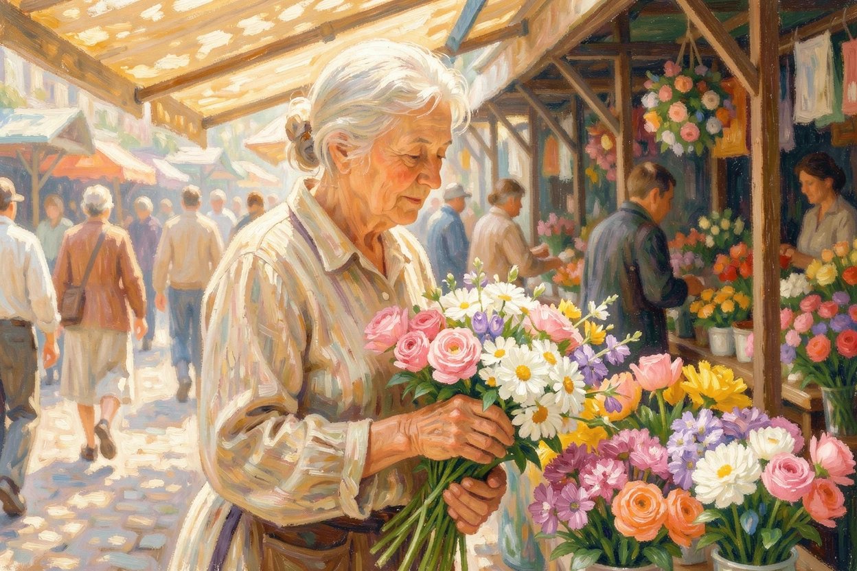 An old woman selling flowers at a bustling market stall, her weathered hands arranging fresh bouquets.