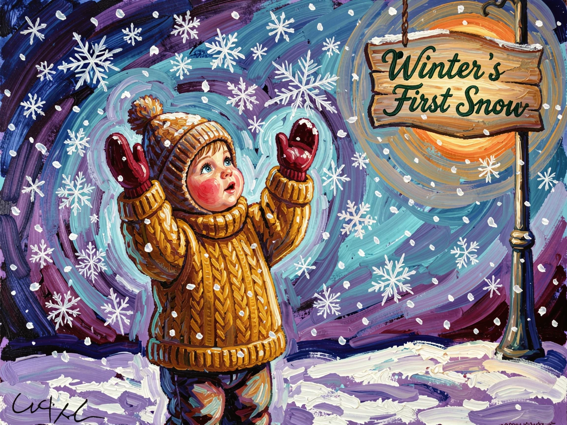 A curious toddler reaching up to touch falling snowflakes for the first time.