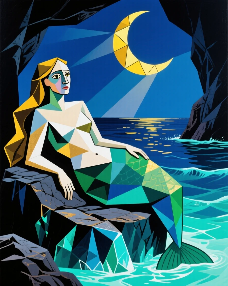 A mermaid resting on a moonlit rock at the edge of a glowing ocean cave.