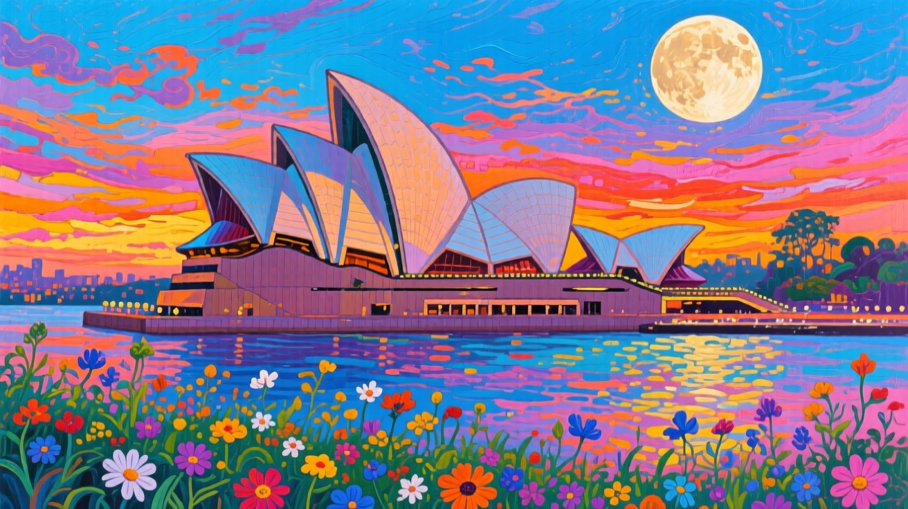 The Sydney Opera House against a vivid harbor sunset, beneath a brilliant full moon, wildflowers blooming in the foreground