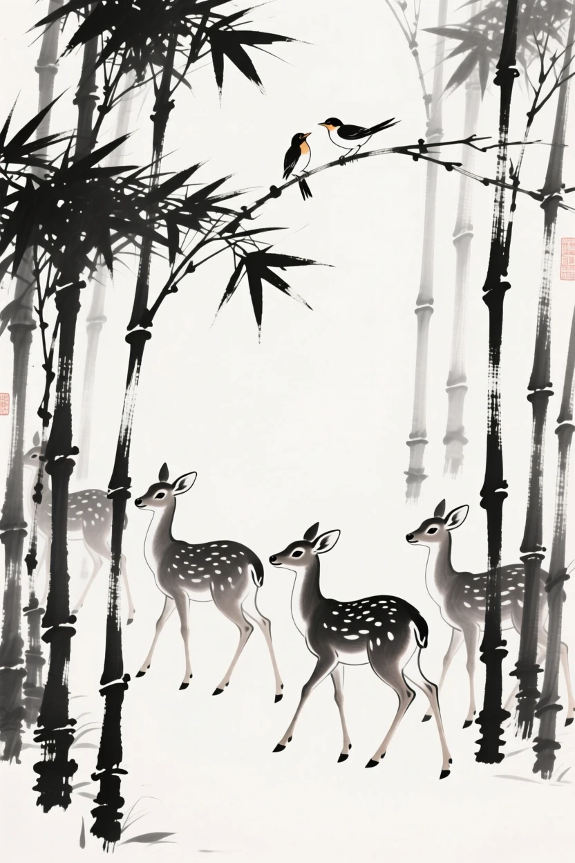 A group of deer moves cautiously through a bamboo thicket, while birds call from the surrounding branches.