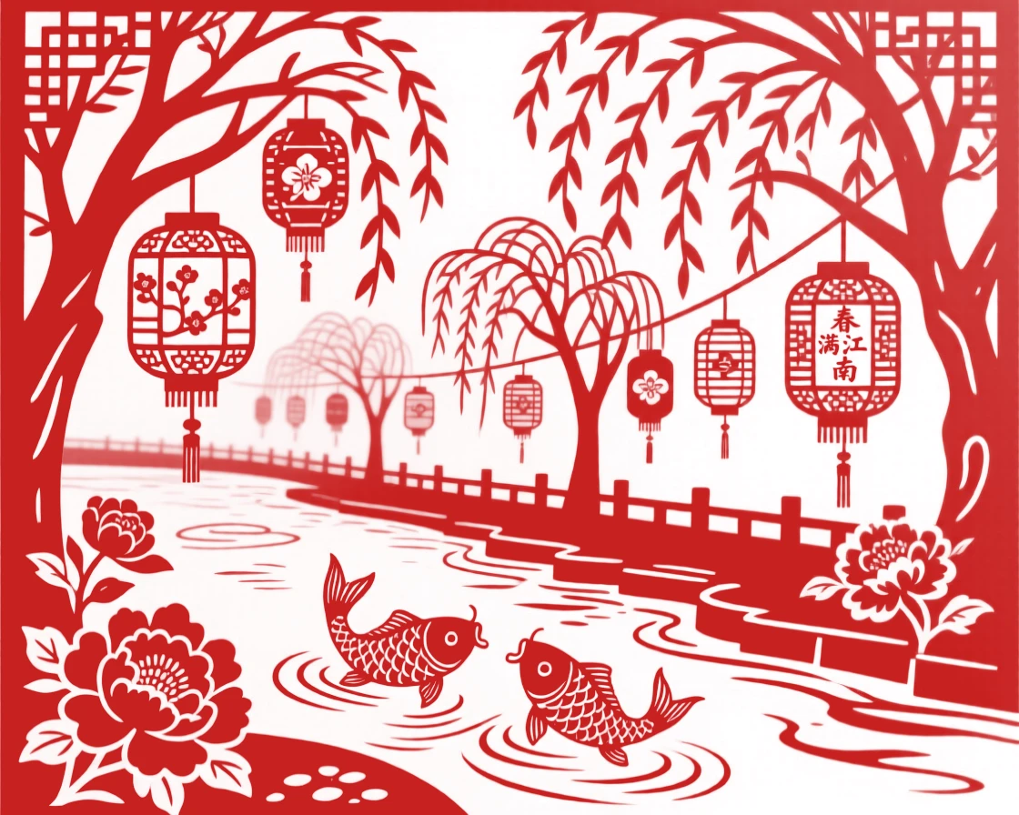 A Spring scene of a riverside willow grove, lanterns being hung in preparation for the evening.