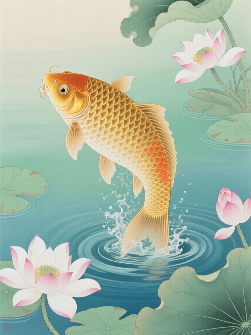 A single golden carp leaping from the water in a pool bordered by blooming water lilies
