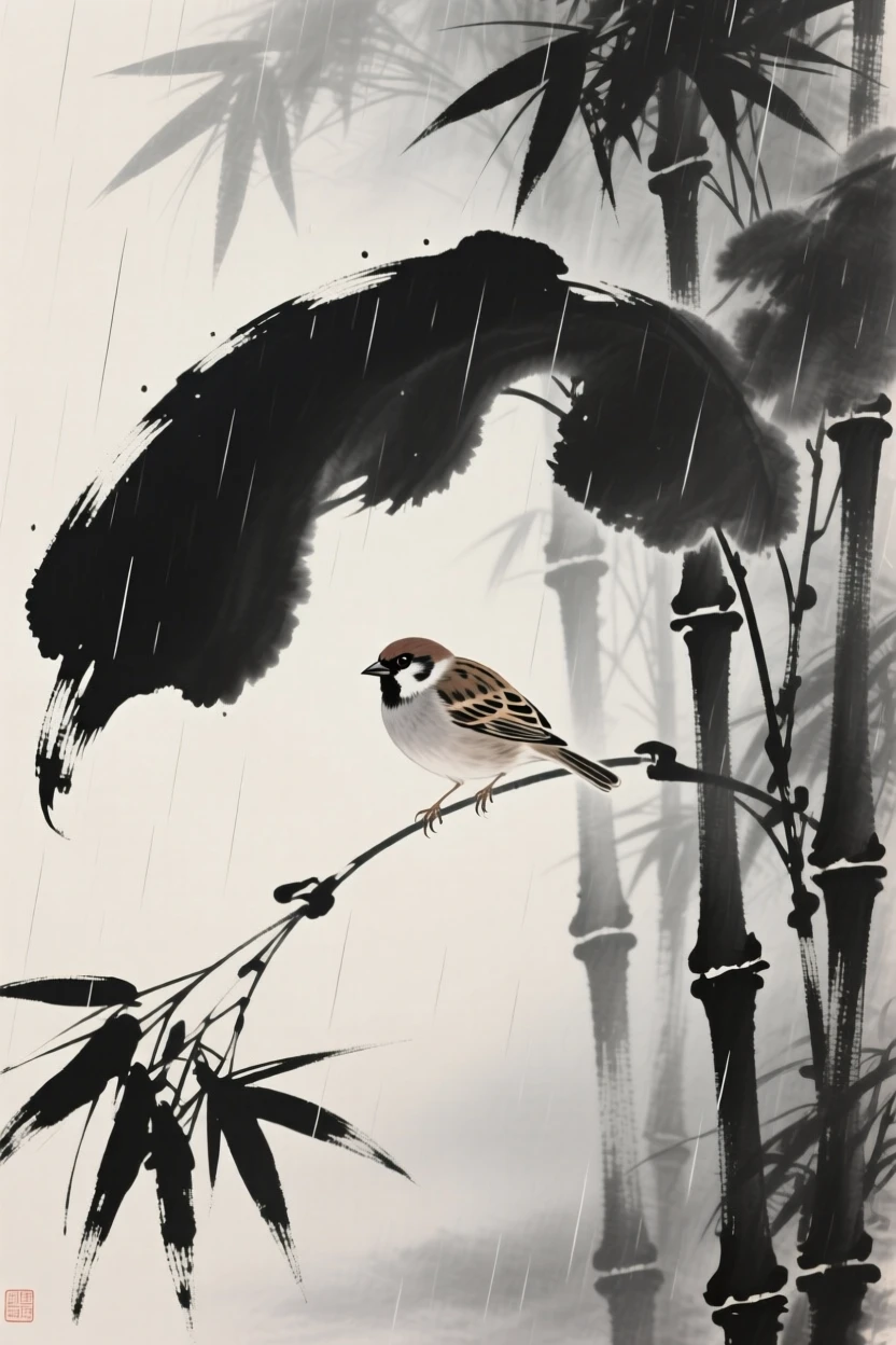 A small finch sheltering beneath broad leaves during rain within a quiet bamboo grove, silhouetted softly against the fading light, conveying serenity and effortless movement.