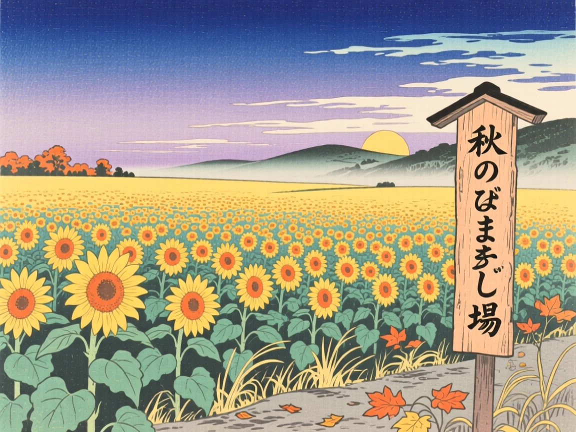 A sunflower field stretching to the horizon under a wide open autumn sky.