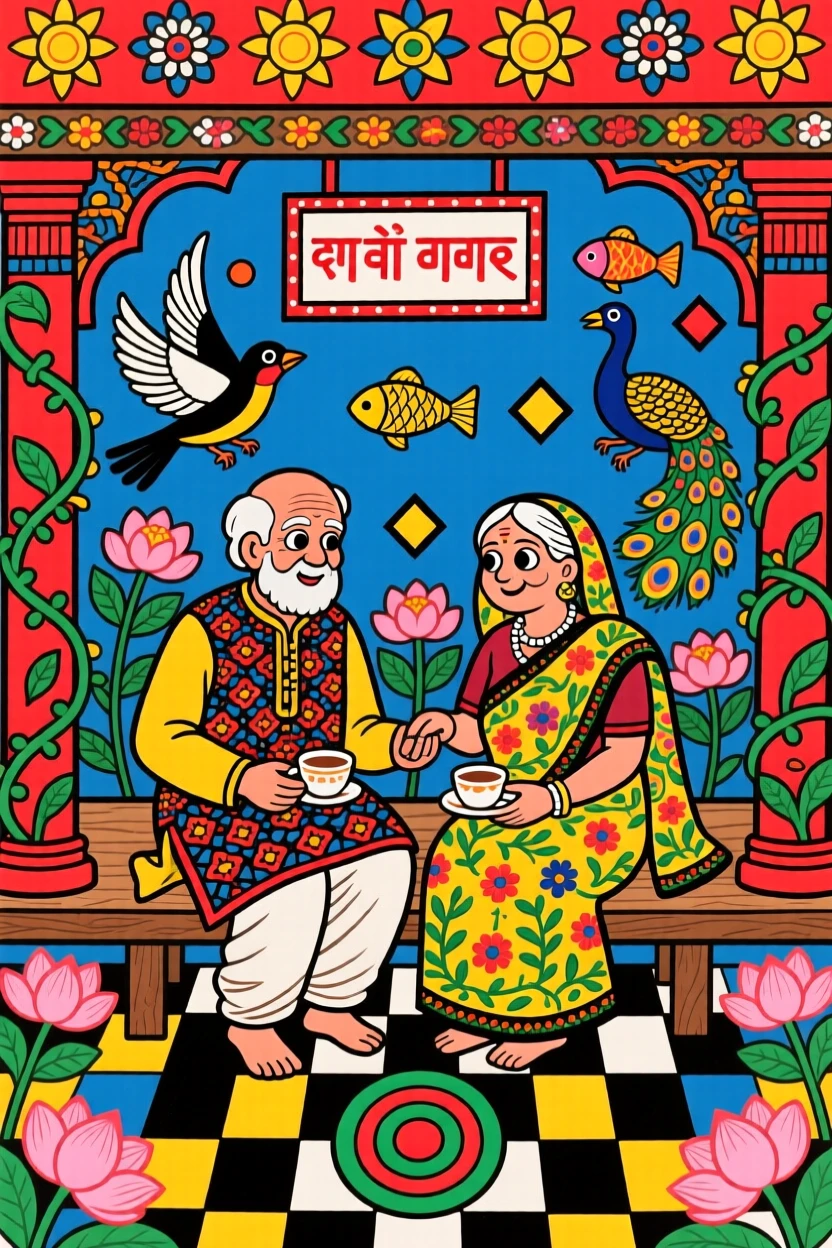 An old couple sharing tea on their porch as birds sing nearby.