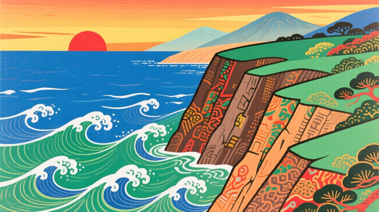 A sweeping view of a coastal cliff overlooking crashing waves as the sun sets behind distant peaks.