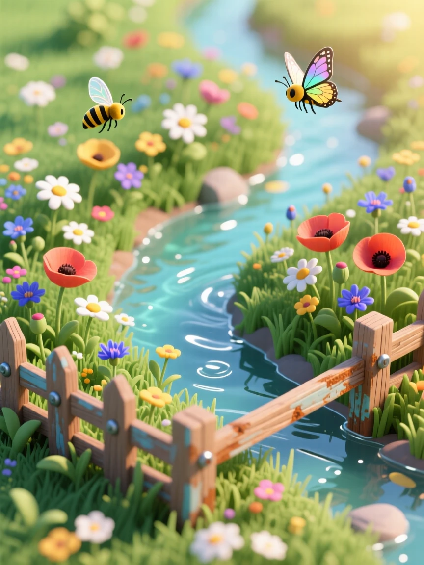 A wildflower meadow buzzing with bees and butterflies, a winding stream cutting through the grass, and a weathered wooden fence marking its edge.