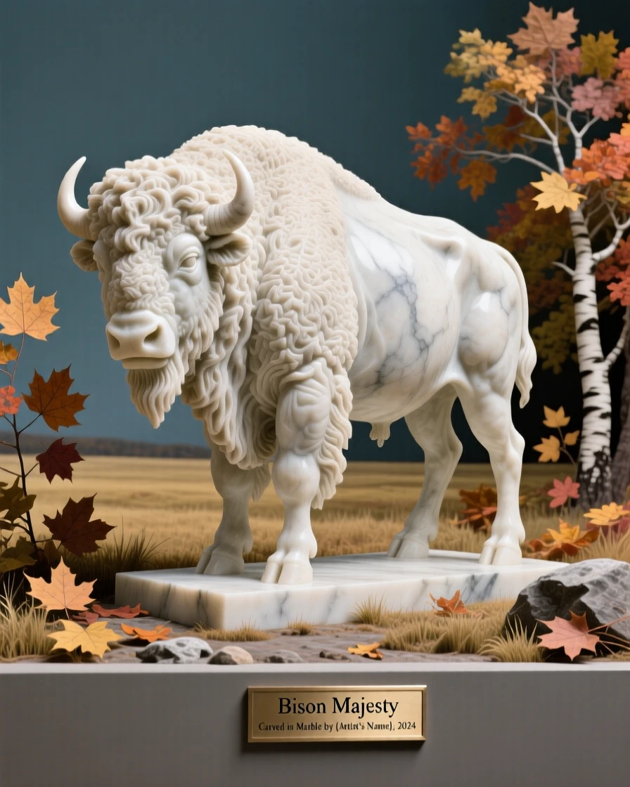 A bison standing on an open plain captured in a powerful, dignified pose surrounded by autumn foliage