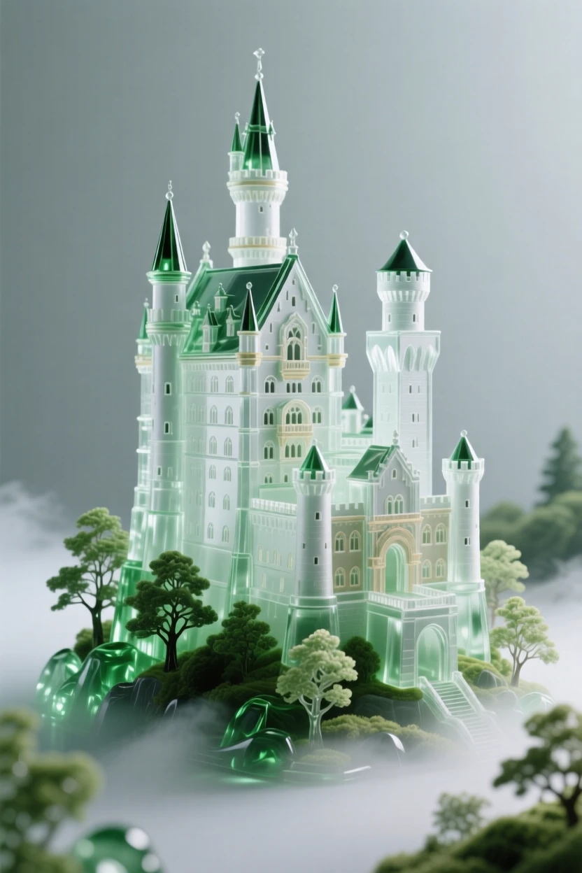 Neuschwanstein Castle surrounded by lush greenery and soft morning mist, wide establishing composition, feeling serene and majestic.