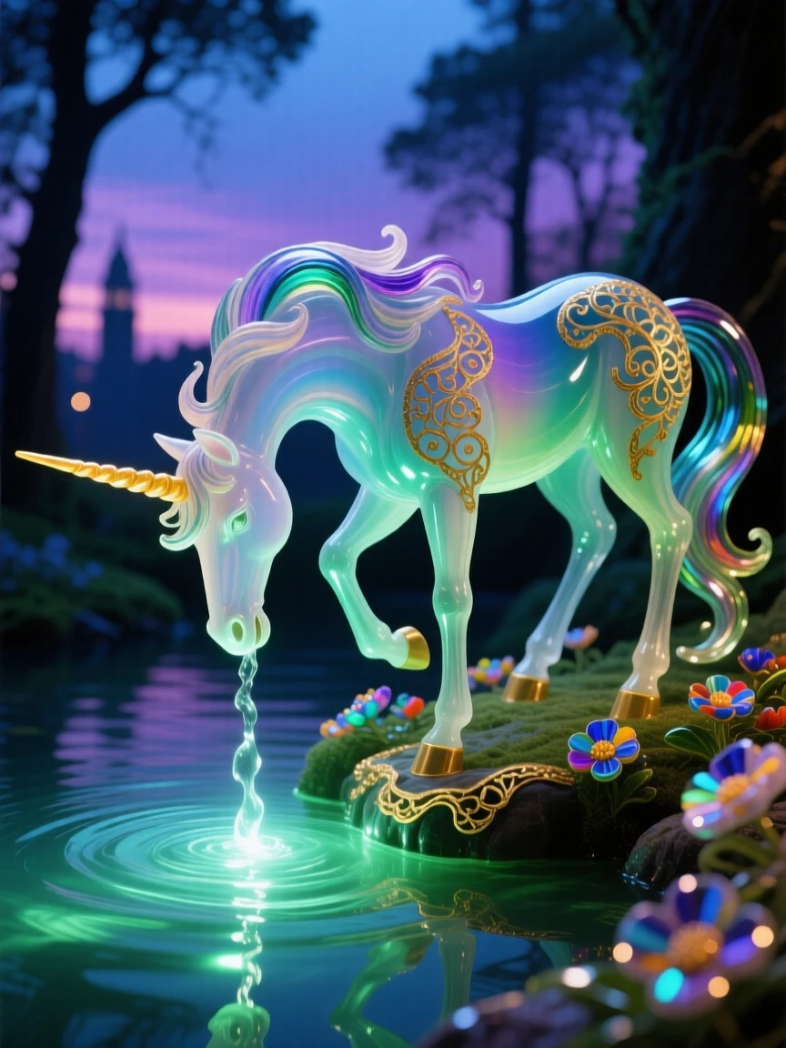 A forest unicorn drinking from a glowing spring at twilight, serene and sacred.