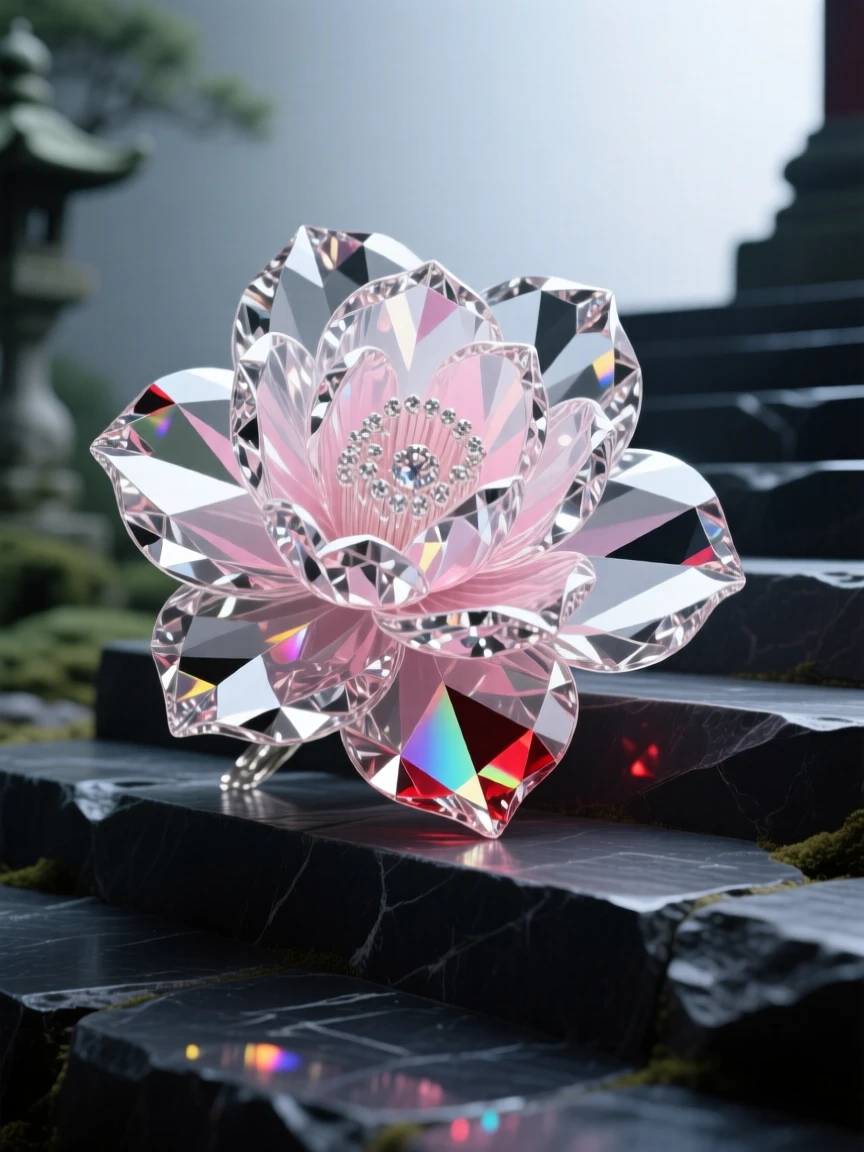 A single camellia blossom fallen onto dark stone steps in a temple garden.