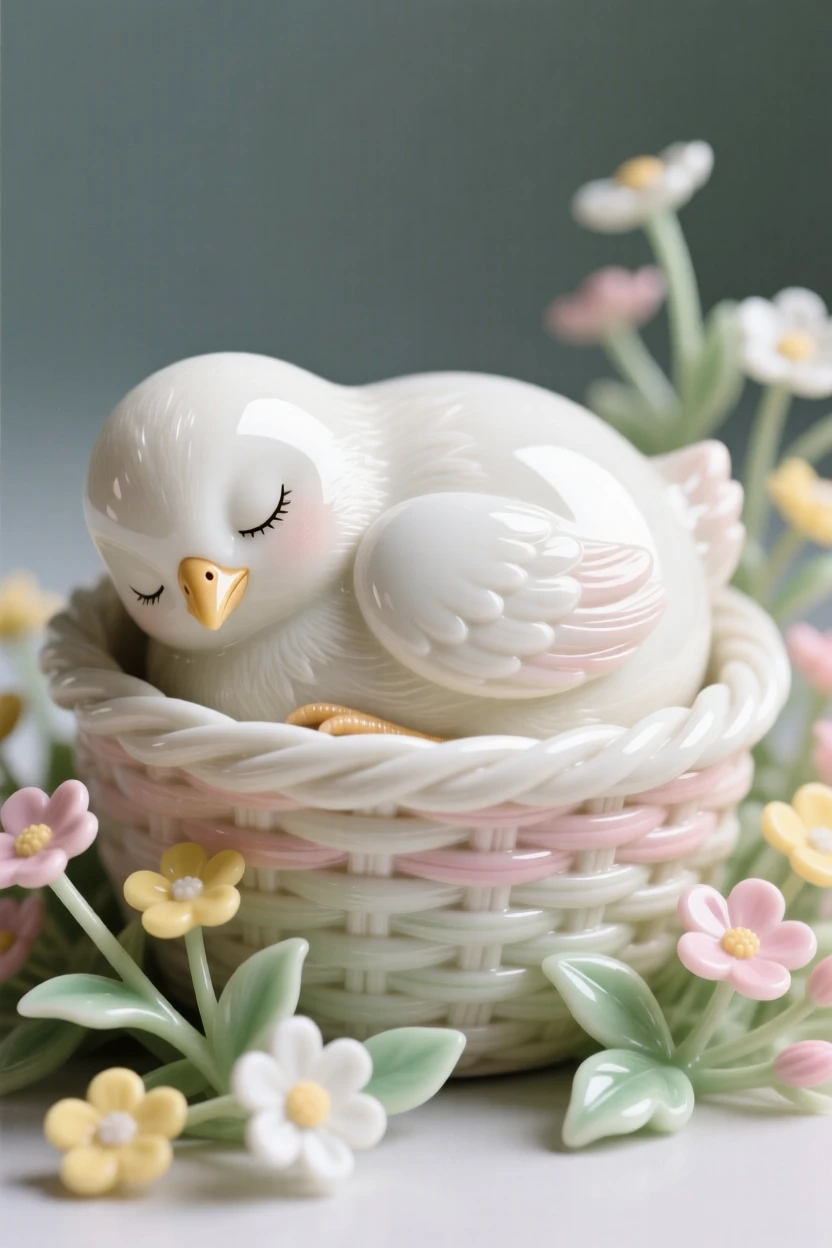 A tiny chick curled up asleep in a woven basket, surrounded by tiny wildflowers.