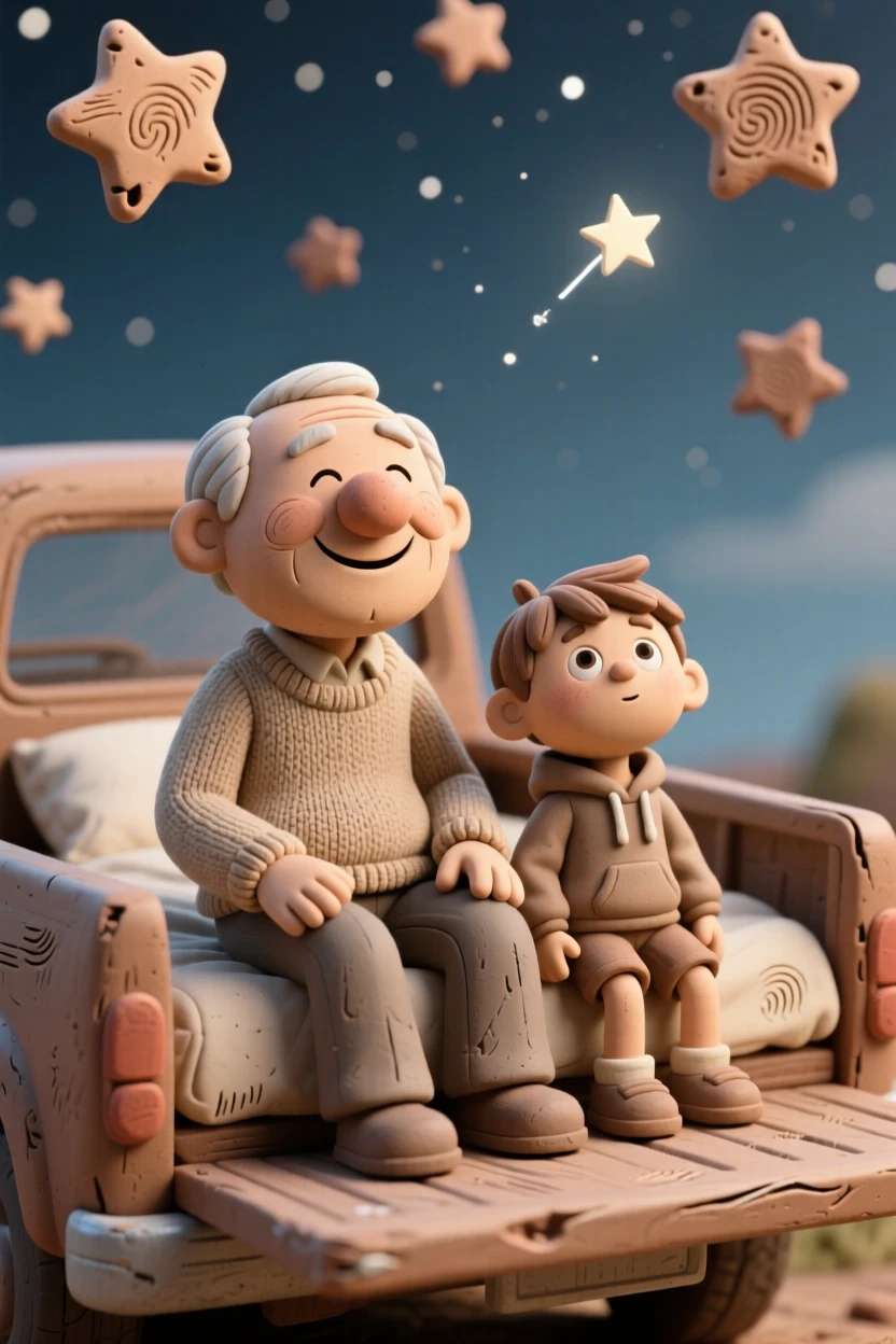 A grandfather and grandson stargazing from the bed of a pickup truck