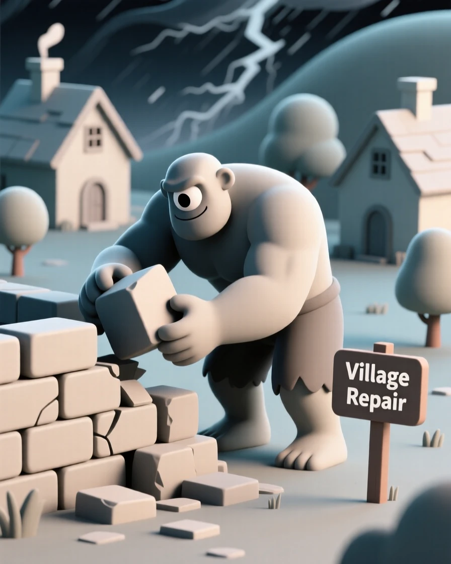 A mighty cyclops carefully rebuilds a stone wall a village storm had knocked down overnight.