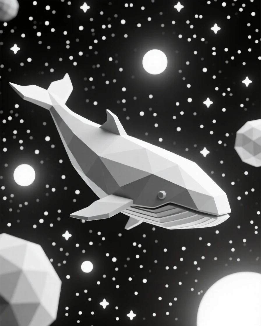 A cosmic whale drifting gently through a sea of stars, surrounded by glowing bioluminescent light. soft glowing light sources create a sense of depth and scale. The atmosphere feels serene yet infinite.