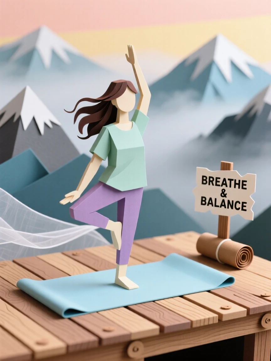 A serene morning yoga session on a wooden deck overlooking misty mountains, evoking mindful balance and calm.