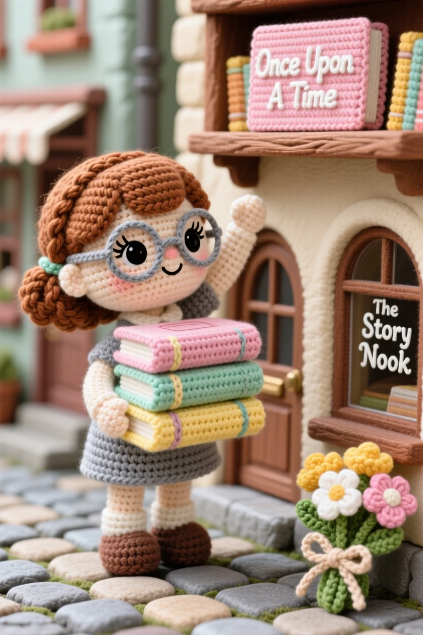 A charming scene of a small girl librarian with round glasses and a stack of books in her arms, reaching up to shelve a favorite storybook inside a charming cobblestone street lined with shopfronts; a bundle of fresh flowers tied with twine adds to the moment, full of a nostalgic, storybook warmth.
