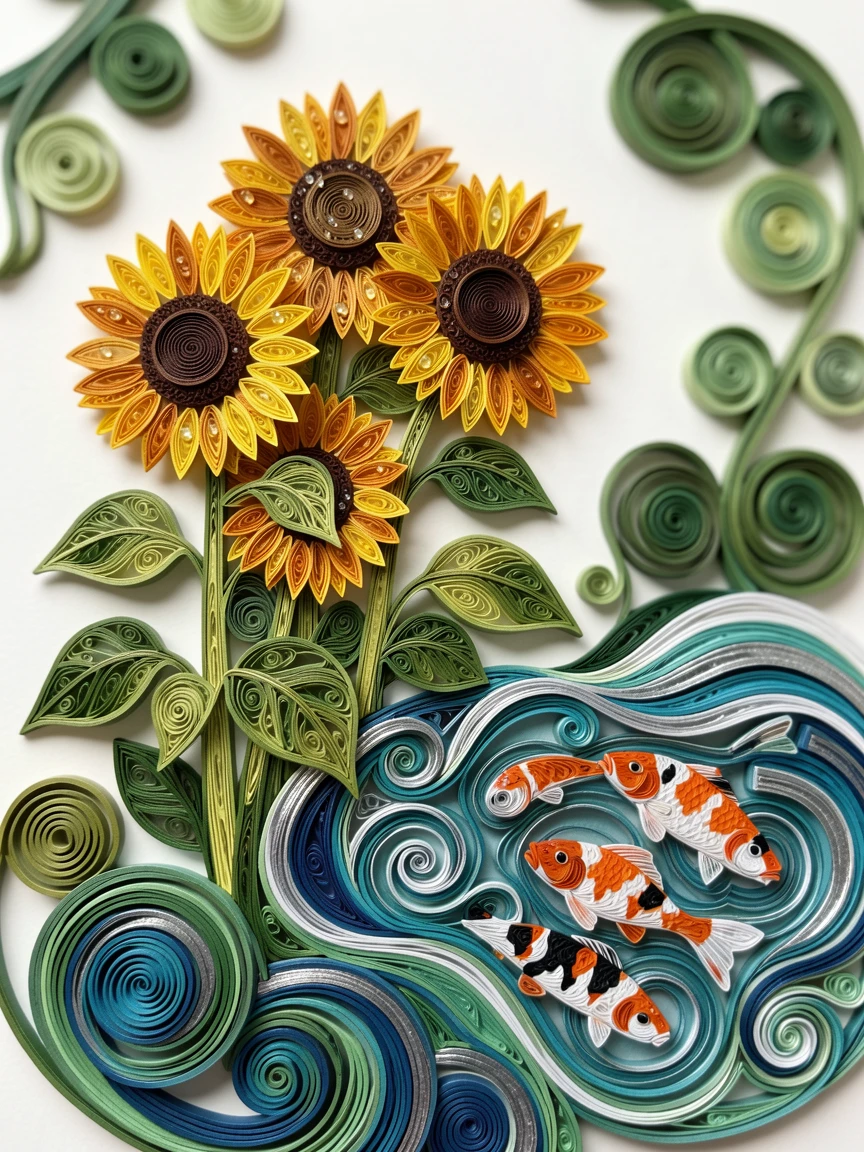 A serene botanical study of a cluster of sunflowers turning toward the light beside a tranquil koi pond, with morning dew glistening on every petal, framed by soft out-of-focus greenery.
