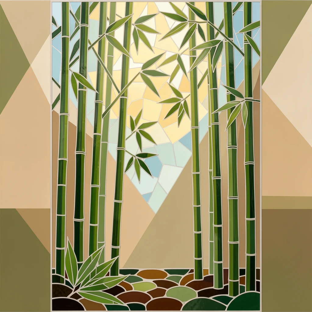 A tranquil bamboo forest with sunlight filtering through tall green stalks.