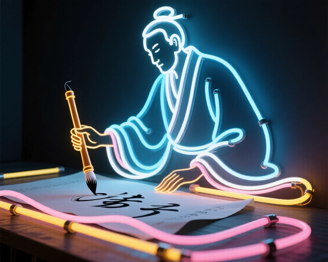 A calligrapher practicing brush strokes on rice paper.