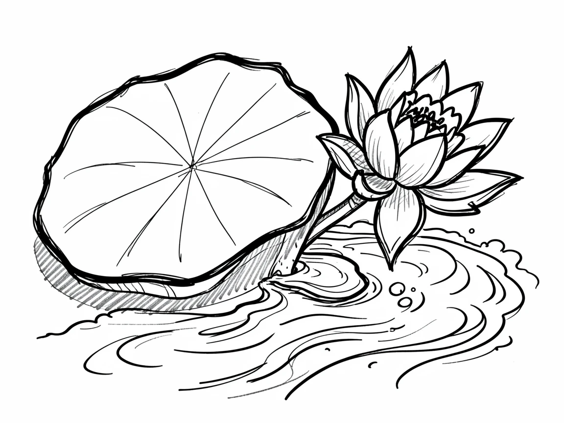 A giant water lily pad with a flower beside a babbling brook.